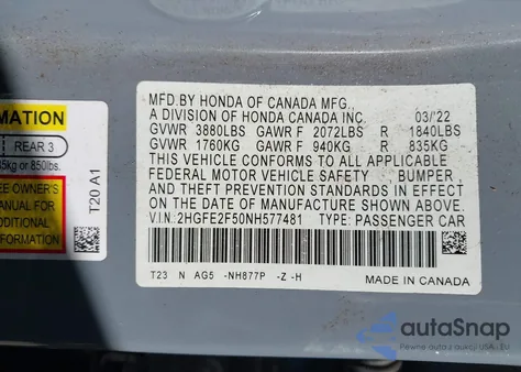 2022 Honda Civic Sport z USA, uszkodzony, nr VIN 2HGFE2F50NH577481